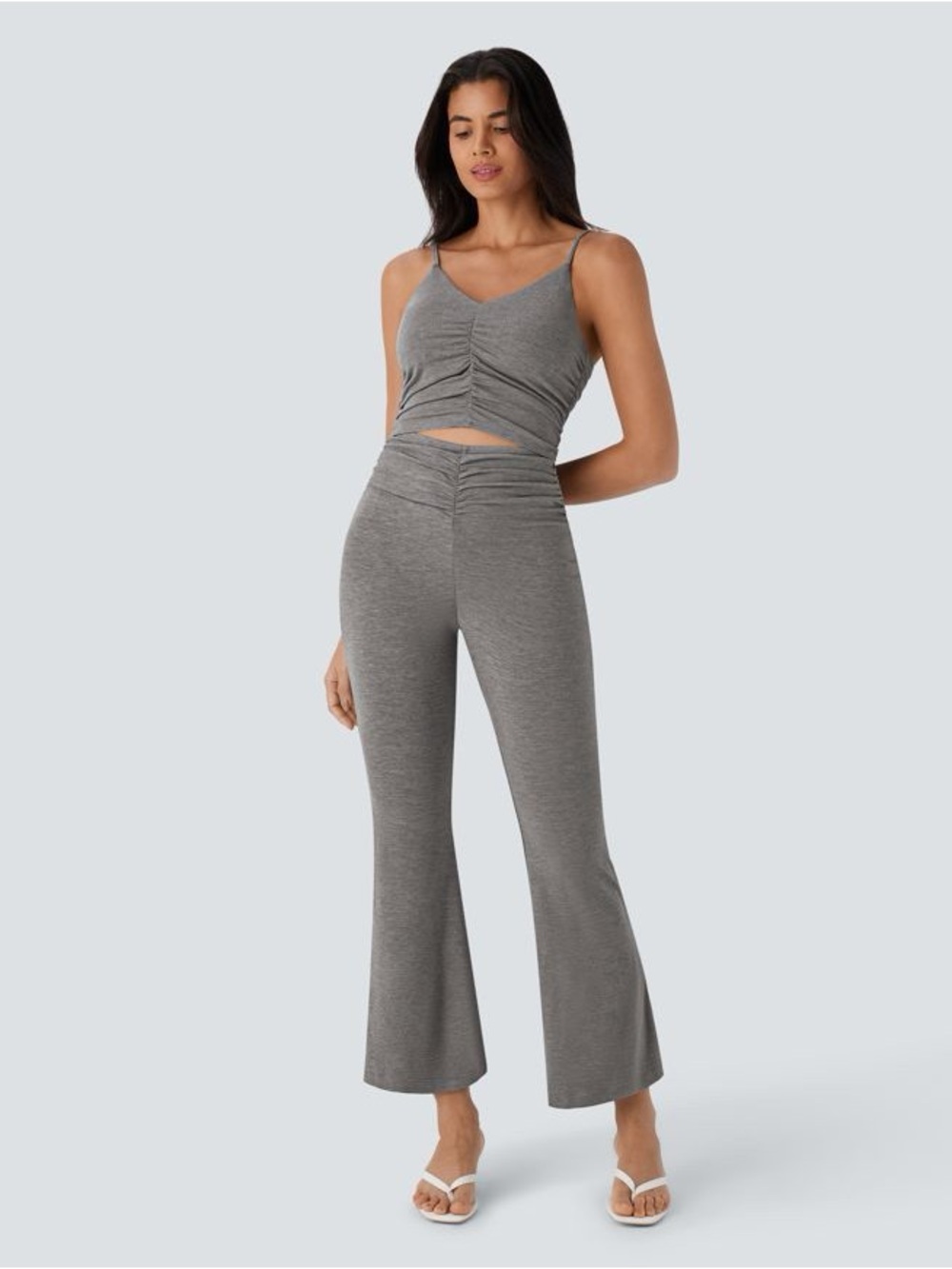 Halara Cut Out Ruched Flare Casual Slip Jumpsuit medium - Picture 1 of 5